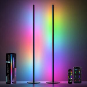 Corner Floor Lamp 2 Pack, 55″ Minimalist Standing Lamp with Remote Control, Music Sync 16 Million Colors, Warm White Ambient Lighting, Color Changing LED Corner Lamp for Living Room Bedroom Gaming
