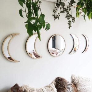 Scandinavian Decor 5-Piece Acrylic Wall Decor – Wooden Moon Phase Mirror, Bohemian Design for Living Room, Bedroom – Beige