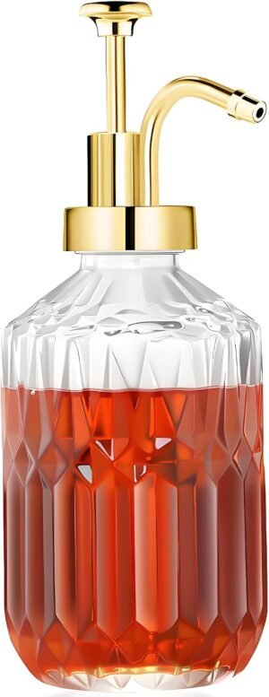 TIWPAJS Glass Coffee Syrup Dispenser 13.5oz, Syrup Bottles with Luxurious Diamond Texture, Gold Syrup Pump, Coffee Bar Accessories, Kitchen Decoration