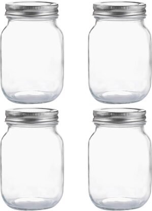 YINGERHUAN Glass Regular Mouth Mason Jars, 16 oz Clear Glass Jars with Silver Metal Lids for Sealing, Canning Jars for Food Storage, Overnight Oats, Dry Food, Snacks, Candies, DIY Projects (4PACK)