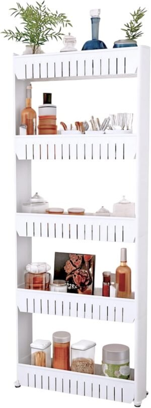 Slim Rolling Storage Cart – 5-Tier Utility Cart with Wheels for Bathroom, Kitchen, and Laundry Room – Bathroom Shelves by Lavish Home (White)