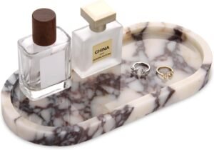 Natural Marble Tray Oval, Bathroom Vanity Tray for Countertop, Elegant Stone Decorative Organizer for Perfume, Jewelry, Home Decor (1, Calacatta Viola, 10 x 5 x 0.6)