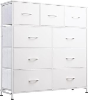 WLIVE 9-Drawer Dresser, Fabric Storage Tower for Bedroom, Hallway, Closet, Tall Chest Organizer Unit for Bedroom with Fabric Bins, Steel Frame, Wood Top, Easy Pull Handle, White