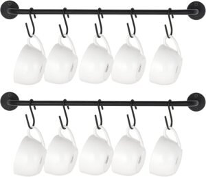 Mkono Mug Holder Wall Mounted Coffee Cup Rack Hanger Modern Metal with 10 Mug Hooks Rustic Utensil Tea Cups Storage Organizer for Kitchen Dining Room Coffee Bar, Set of 2, Black