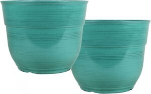 Garden Elements Indoor/Outdoor Glazed Brushed Happy Plastic Planter, Large, Dark Aqua, 15″ (Pack of 2)