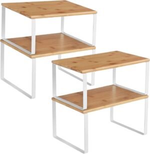 SONGMICS Cabinet Organizer Shelf, Set of 4 Kitchen Counter Shelves, Kitchen Storage, Spice Rack, Stackable, Expandable, Metal and Engineered Wood, Cloud White and Natural Beige UKCS010N01