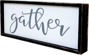 Gather Sign for Home Decor in Grey – Farmhouse Kitchen Dining Room Wall Decor – Rustic Wall Decoration Solid Wood Thick Black Frame 12×5 Inches