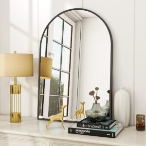 VooBang Arched Wall Mirror, 24 x 36 inch Arch Bathroom Mirror, Wall Mounted Vanity Mirror with Arch Metal Frame, Modern Bathroom Vanity Mirror for Bedroom, Living Room, Hanging or Leaning, Black