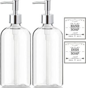 Clear Soap Dispenser with Rust Proof Pump, Waterproof Labels (2 Pack,16 Oz), Plastic Hand Soap Dish Soap Dispenser for Kitchen Bathroom