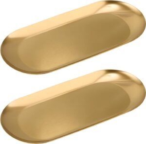 Vaincre Gold Decorative Jewelry Tray – 2PCS Stainless Steel Oval Trinket Ring Holder Dish, 7” Small Bathroom Vanity Kitchen Jewelry Plate Tray Decor for Storing Perfumes, Cosmetics, Candles, Key