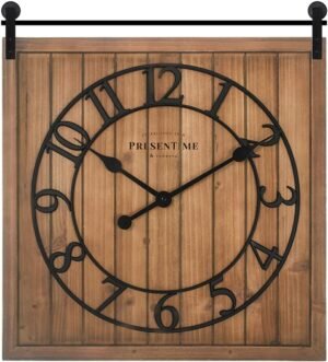 Presentime & Co Farmhouse Barn Door Clock, Shiplap Style, Brown Wood Color, Silent No Ticking, 3D Arabic Numeral, 23″ H x 21″ W. Home Decoration/Wall Decoration/Farmhouse Décor