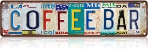Saraheve COFFEE BAR Sign – Vintage License Plate -16×4 Inch Rustic Coffee Bar Wall Decor for Kitchen, Coffee Station, Cafe, Office Break Room or Home Bar