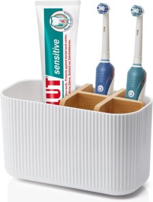 GFWARE White Toothbrush Holder – Bamboo Toothbrush Holders for Bathrooms Electric Toothbrush Holder Organizer Kids Toothbrush Holders for Bathrooms Countertop