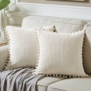 Fancy Homi Pack of 2 Boho Decorative Throw Pillow Covers with Pom-poms, Soft Corduroy Accent Solid Square Cushion Case Set for Couch Sofa Bedroom Car Living Room (18×18 Inch/45×45 cm, Cream)
