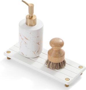 Razborci Instant Dry Sink Caddy Kitchen Sink Organizer, Quick Drying Diatomaceous Earth Stone Sink Tray Sponge Holder Soap Dish, Bathroom Countertop Vanity Dispenser Toothbrush, Gold White, 10″ x 4″