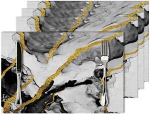 Black White and Gold Marble Linen Placemats Set of 4, Modern Luxury Washable Non-Slip Heat-Resistant Durable Kitchen Table Mats for Dining Table, Luxury Home Kitchen Decor Essential, Black Grey Gold
