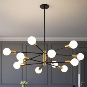 RUIYEY Modern Chandelier Ceiling Light Fixture – 33.4″ 12-Light Gold and Black Sputnik Chandeliers, Height Adjustable Industrial Farmhouse Pendant Lighting for Dining Room, Living Room, Kitchen Island