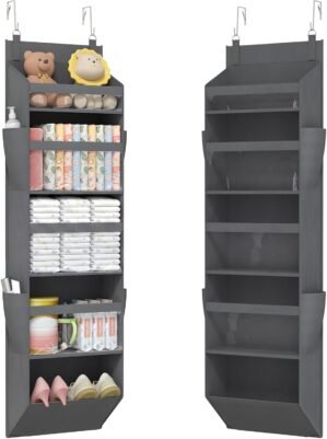 Lifewit 1 Pack Over the Door Organizer, 5 Section Clear Window Hanging Storage with 4 Side Pockets, Sturdy Anti Tilt 40 lbs Load Behind Door for Closet, Bedroom, Bathroom, Nursery, Dorm, Dark Gray