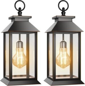 2 Pack Solar Lanterns Outdoor, Hanging Glass Solar Lights Waterproof, Dual Power Solar & 2*AA Battery, for Porch, Patio, Yard and Indoor Table or Mantel