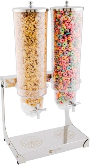 Restaurantware Met Lux 3 Liter Countertop Cereal Dispenser 1 Double Compartment Food Dispenser – Self Serve Refillable Stainless Steel Nuts Dispenser For Food Storage For Kitchen Or Pantry