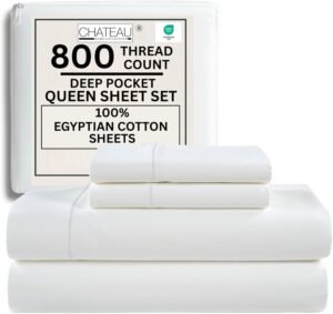 800 Thread Count Queen Sheet Set,100% Egyptian Cotton Sheets Queen Size Bed Set, Silky Sateen Weave White Sheets, Buttery Soft Durable Hotel Luxury Bed Sheets with 15″ Snug Fit Deep Pockets-White