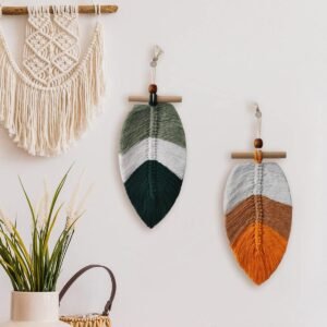 Boho Macrame Leaves Hanging Wall Decor (2set), Bohemian Woven Leaf Tapestry, Bohemian Tassels Decorations for Spring Nursery Bedroom Living Room