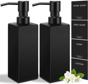 GMISUN Black Soap Dispenser, Hand Soap Dispenser Bathroom, 12oz Glass Soap Dispenser with Stainless Steel Pump, Liquid Dish Soap Dispenser for Kitchen, Modern Bathroom/Kitchen Soap Dispenser Set