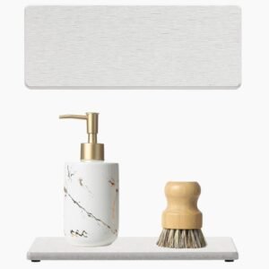 2PCS Beige Bathroom Sink Vanity Trays, Water Absorbing Diatomite Stone Drying Soap Dish Dispenser for Kitchen Counter, Sponge Holder Mat Rack Faucet Splash Guard Caddy Organizer, 9″x3.5″