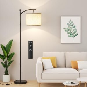 Ambimall 60″ Floor Lamp with Remote Control and Stepless Dimmable Bulb, Colors Temperature & Brightness Adjustable, Modern Floor Lamps for Living Room（Beige Shade & Black Pole）