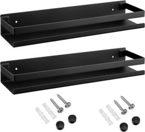 Lallisa 2 Pieces Stainless Steel Shelf Bathroom Shower Floating Shelves Wall Mounted Shower Caddy Basket Shelf Storage Organizer Shelves for Bathroom, Kitchen, Living Room(15.75 Inch/ 40 cm,Black)