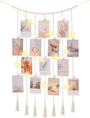 Macrame Hanging Photo Display Boho Wall Decor with String Lights Wooden Beads Garland Picture Frame Collage Holder with 30 Clips for Room, Bedroom, Dorm, Christmas Teenage Teen Girl Gifts (Beige, Medium)