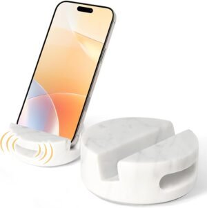 CHISELED ST DF SK Elegant and Versatile White Marble Phone Stand with Sound Amplified Output iPhone Phone Holder Function for Office Desk,Kitchen Counter,Bathroom,and Bedside