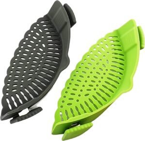 2 Pack Clip-On Silicone Strainer for Ramen Noodles & Pasta – Foldable, Fits All Pots & Pans, Dishwasher Safe, Heat Resistant