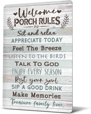 Heuhuww Welcome Porch Rules Tin Sign,Vintage Patio Wall Art Decor,Outdoor Rustic Farmhouse Home Patio Backyard Decor12″ x 8″(H20)