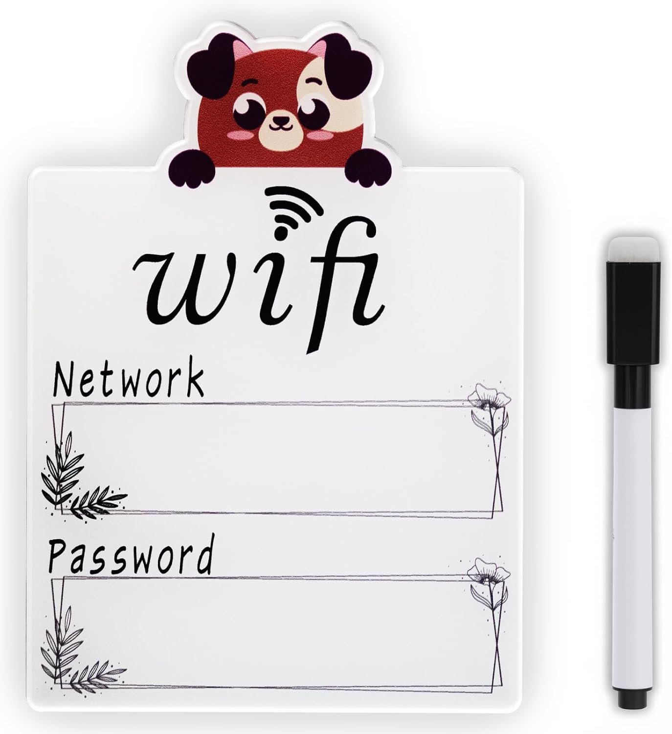 WiFi Password Sign – Fridge Magnetic WiFi Sign with Wet Erase Pen, Reusable Cute Dog Design, Black and White Freestanding Guest WiFi Decor for Home, Vacation Rental, Office | Fridge, Tabletop, Wall Mount | 4.5″x6.3″ |
