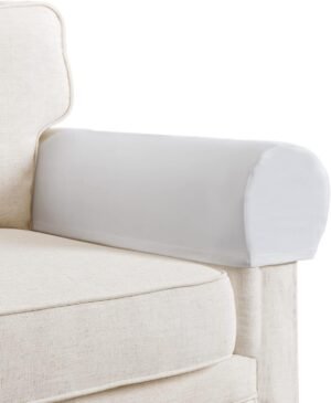 Stretch Velvet Plush Armrest Covers for Chairs and Sofas – Anti-Slip Couch Protector With Sticker – Furniture Arm Cover for Recliner, Set of 2, Off White