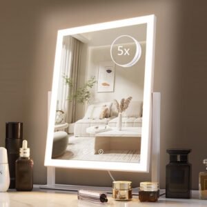 HIEEY Lighted Makeup Mirror, 17.3″ x 13″ Hollywood Vanity Mirror with Lights, Three Color Lighting Modes, and 5X Magnification Mirror, Smart Touch Control, 360°Rotation (White,Gift Box)