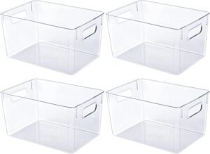 JollyPack 4 Pack Clear Plastic Storage Bins, Pantry Organizers and Storage with Handles, Clear Storage Containers for Fridge, Kitchen, Cabinet, Bathroom and Office