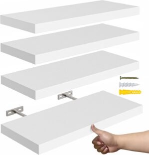 YUFLINX 16’’White Floating Shelves for Wall Set of 4,Rustic Wood Shelf for Room Decor/Storage/Display,Small Bookshelf,Wall Mounted Hanging Shelves for Bedroom, Bathroom, Living Room, Kitchen