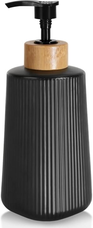 Glass Soap Dispenser, Thickened Glass Hand Soap Dispenser for Bathroom, Kitchen Dish Washing Liquid Bottles, Shampoo and Conditioner Bottles, Modern Farmhouse Style, (Black, Set of 1, 12oz)