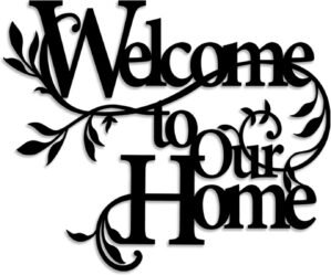 LIYOUYA Welcome to our home metal wall decor – indoor outdoor decoration black text and flowers wall art home decor for living room, dining room, porch, entry door (Black)