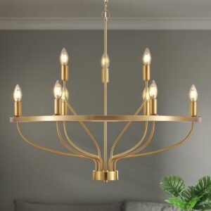 30″ Modern Gold Chandelier Light Fixture Vintage 9-Lights Mid Century Modern Candle Style Chandeliers Rustic Industrial Golden Chandelier for Dining Room, Kitchen Island, Living Room, E12
