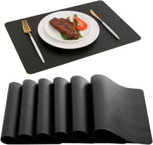 DOLOPL Black Placemats Set of 6-17″x11.8″, Faux Leather Heat Resistant Table Placemat for Dining Table Protection, Waterproof Wipeable & Washable Kitchen Table Mats for Dining,Party,BBQ,Holiday