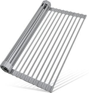 MERRYBOX Roll Up Dish Drying Rack, Over The Sink Dish Rack Foldable, Heat-Resistant, Anti-Slip Silicone Coated Steel Dish Drainer for Kitchen Sink, Multipurpose Roll Up Sink Drying Rack, 17.5″ x 13″
