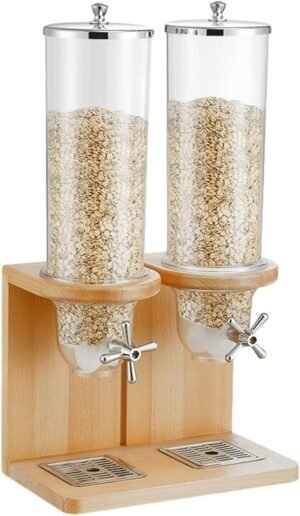 8L Double Cereal Dispenser with Wooden Base, Airtight Dry Food Container for Oats, Grains, Nuts, Beans – Kitchen Countertop Organizer (2 Barrel)