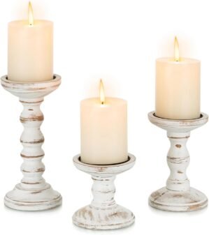 Candeldo Wood Candle Holders for Pillar: Rustic Candles Holder Set of 3 Tall Table Centerpiece Shabby Chic Decor Wooden White Farmhouse Decorations for Fireplace Mantle