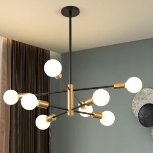 KAISITE Modern Sputnik Chandelier – 8-Light Ceiling Light Fixture Height Adjustable Mid Century Plating Finished Black and Gold Chandelier for Bedroom Living Room Dining Room Kitchen Foyer
