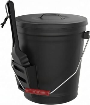 Ash Bucket – 4.75-Gallon Metal Bucket with Lid and Shovel for Fireplace or Firepit Ashes – Heat Resistant Fireplace Tools by Pure Garden (Black)