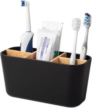 Toothbrush Holders for Bathrooms, Bamboo Tooth Brush Holder with 5 Slots Bathroom Vanity Organizer Countertop for Electric Toothbrushes, Toothpaste, Razors – Black