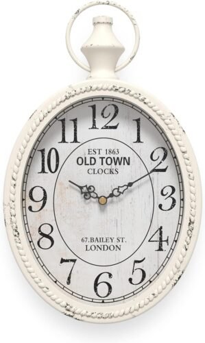 Menterry Small Retro Oval Wall Clock, Antique Old Design, White Vintage Style, Battery Operated Silent Decor Wall Clocks for Kitchen,Bedroom,Farmhouse,Bathroom (11.2″ H x 6.7″ W)